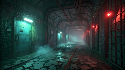 Fototapeta premium Sci-Fi Dark Maze with Greenish Radioactive Glow