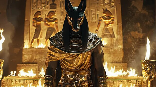 Discover the significance of Anubis, the ancient Egyptian god associated with mummification and the afterlife, as he stands amidst flames and hieroglyphs, embodying protection and guidance for souls.