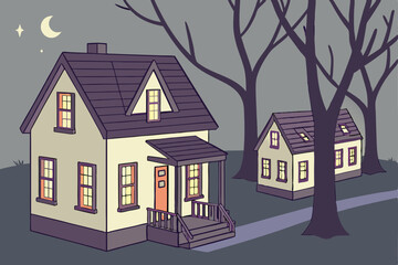 Miniature illuminated houses, cozy neighborhood at night, warm glowing windows, bokeh lights, tilt-shift photography, shallow depth of field, soft focus, magical atmosphere, toy-like scale, twiligh