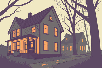 Miniature illuminated houses, cozy neighborhood at night, warm glowing windows, bokeh lights, tilt-shift photography, shallow depth of field, soft focus, magical atmosphere, toy-like scale, twiligh