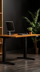 Modern Adjustable Wooden Standing Desk in Dark Room