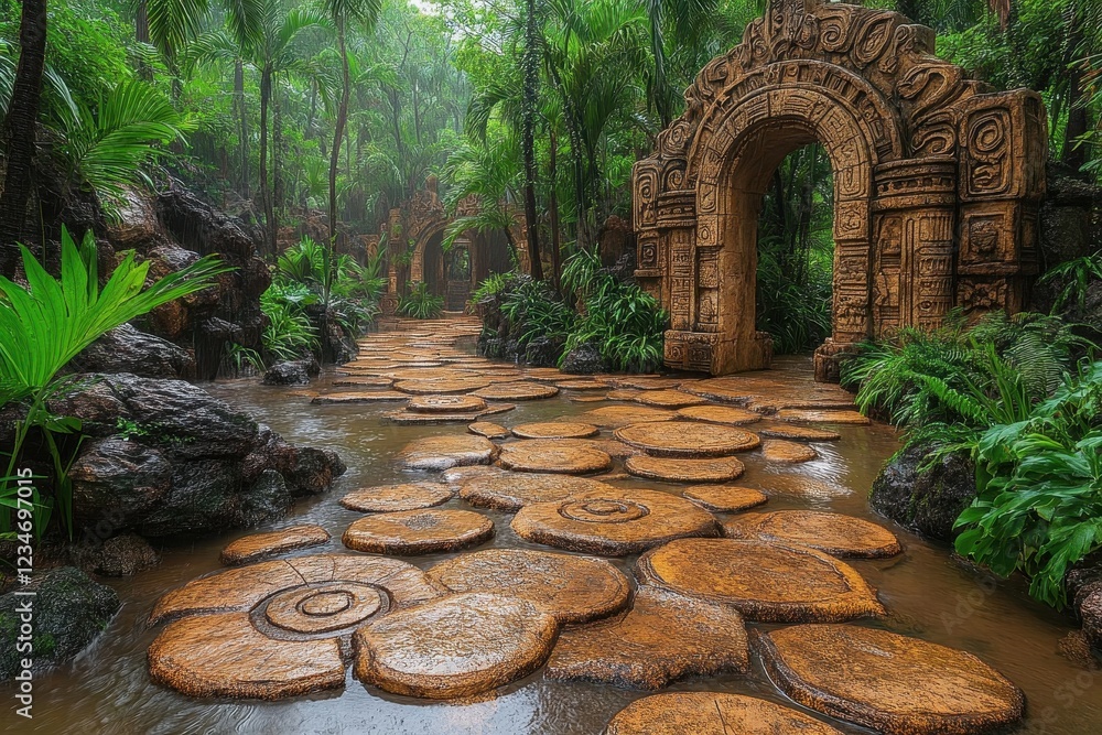 Poster serene path through lush greenery and ancient stone structures in the rain.
