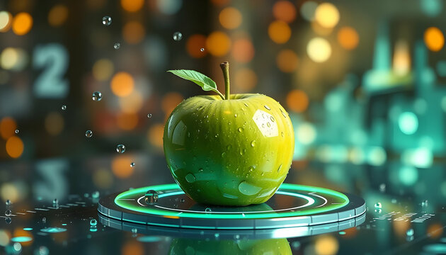 Green apple, holographic display, futuristic technology, reflective surface, bokeh lights, dark background, cyberpunk aesthetic, neon glow, high-tech, digital interface, transparent screens, floating 