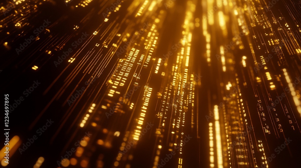 Poster golden data stream: abstract digital lines and numbers on dark background