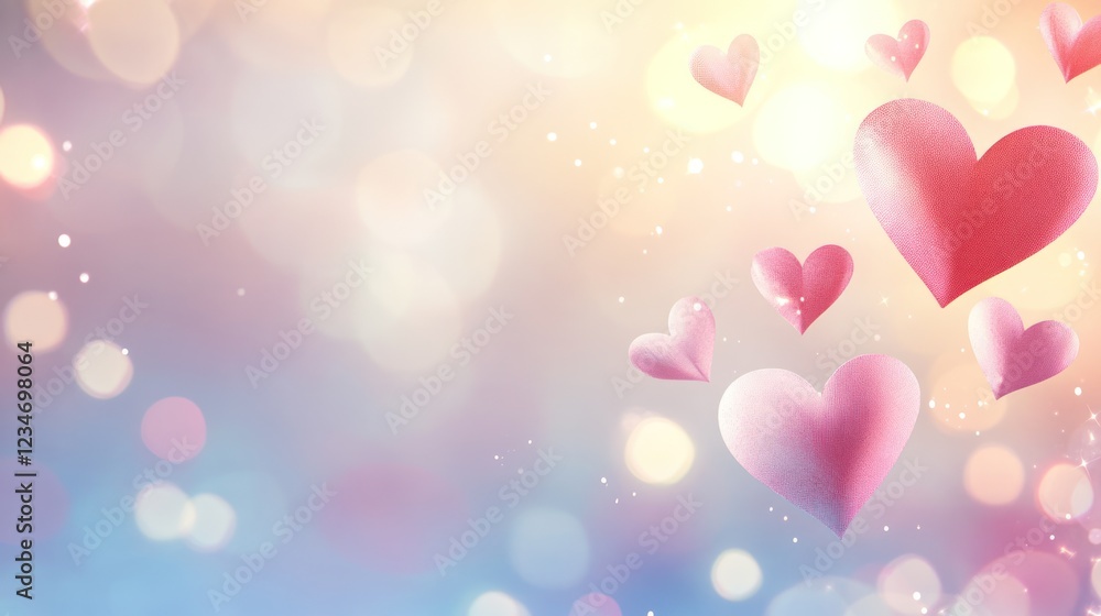 Poster hearts floating in a gradient color background with bokeh lights, for valentine?s day use