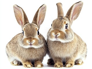 Obraz premium Two adorable brown bunnies sitting side-by-side against a white background, symbolizing gentleness and companionship. Ideal for pet adoption, Easter, or children's content.