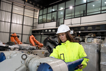 Fototapeta premium Portrait engineer Caucasian woman checking arm robot in factory background 
