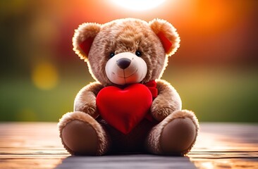 Obraz premium Postcard for Valentine's Day. A smiling little bear sits and holds a red heart in his paws. Background blurred, natural