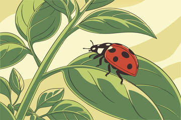 Lush green basil leaves, Vibrant ladybug, Macro photography, Contrasting red and green, Organic texture, Garden herbs, Nature close-up, Botanical detail, Insect on leaf, Fresh culinary herbs, High-