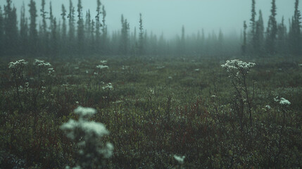 Foggy tundra landscape, plants, misty forest background; nature scene