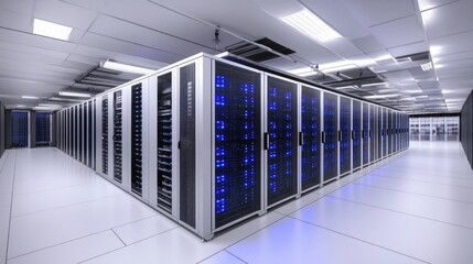 A sleek 3D render of a state-of-the-art data center with glowing blue servers, showcasing clean and futuristic infrastructure. Ideal for technology and cloud computing visuals