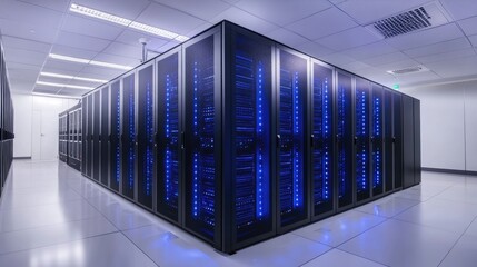 A 3D render of a modern data center with blue-lit server racks, showcasing advanced technology and clean infrastructure. Perfect for tech and cloud computing visuals