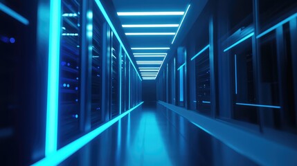 Fototapeta premium A futuristic data center hallway illuminated by vibrant blue lights, reflecting advanced technology and high-performance computing. Perfect for tech and IT visuals
