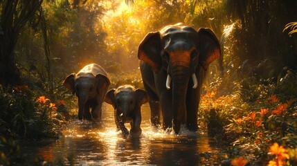 Elephant family walking stream, jungle sunset, wildlife