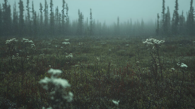 Foggy tundra landscape, plants, misty forest background; nature scene