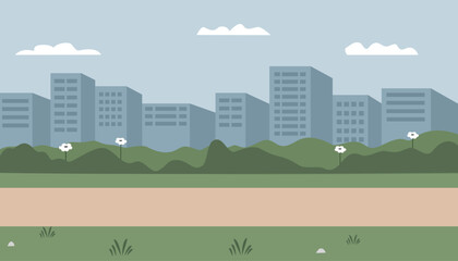 City park skyline. Park around skyscraper building. Cityscape. Public park footpath. Spring season. Summer season. Simple building illustration.