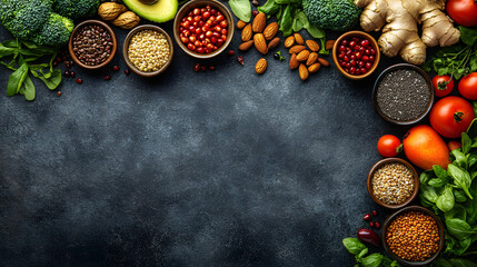 A variety of nuts, beans, and vegetables are displayed in bowls on a counter. The bowls are arranged in a way that creates a colorful and inviting display. Concept of abundance and health