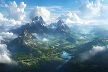 Naklejka premium A breathtaking view of mountains, valleys, and rivers under a bright, cloudy sky.