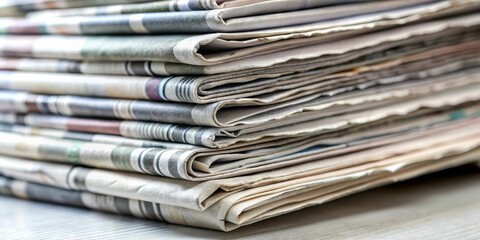 A stack of folded newspapers neatly arranged in a row with a smooth wood surface background