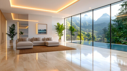 Fototapeta premium Modern living room, mountain view, infinity pool, tropical landscape, interior design