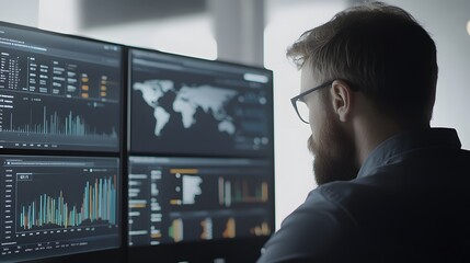 Focused professional analyzing data on multiple screens in a modern office environment.