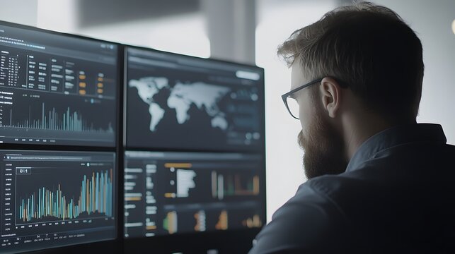 Focused professional analyzing data on multiple screens in a modern office environment.