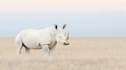 Naklejka premium White rhino grazing savanna sunset wildlife conservation