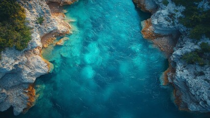 Aerial view of turquoise water flowing between rocky cliffs.
