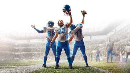 Sports banner for bookmakers. American football players celebrate a victory in a large stadium. Sports victory. Sport emotion. Isolated