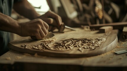 A focused image of a carpenter crafting intricate woodwork in a carpentry workshop, Woodworking scene, Artisan craftsmanship style