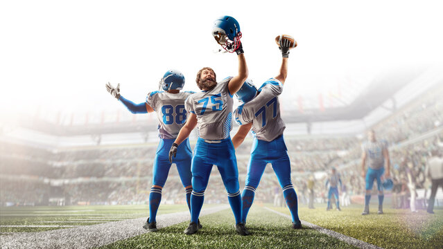 Sports banner for bookmakers. American football players celebrate a victory in a large stadium. Sports victory. Sport emotion. Isolated