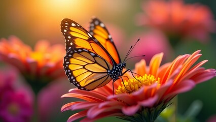 Fototapeta premium A delicate, colorful butterfly perches on a vibrant flower