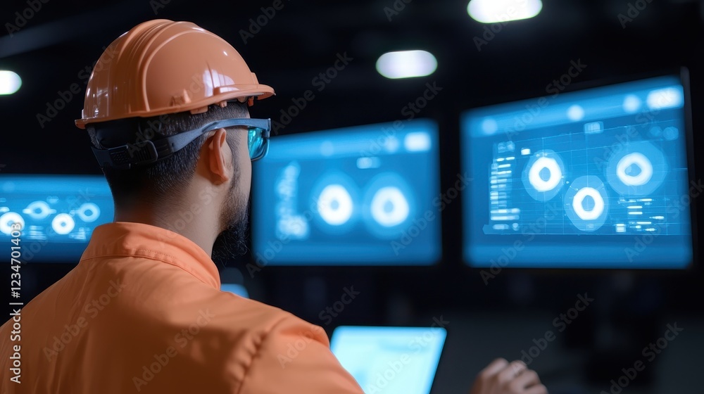Poster engineer with helmet monitoring data on digital screens