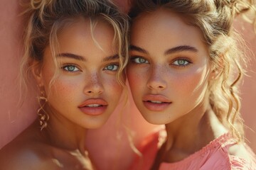 Obraz premium Two women with captivating blue eyes and glowing skin pose together in a charming outdoor setting during golden hour