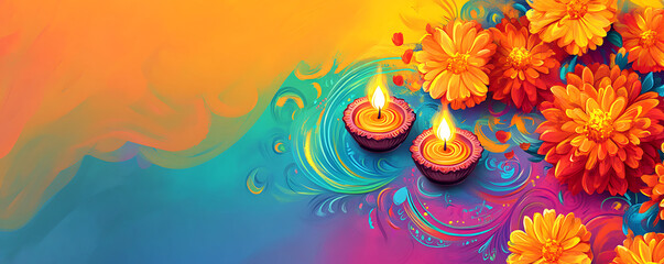 India Independence Day Banner Vibrant Orange Marigold Flowers and Lighted Candles on Colorful