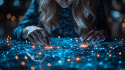 A network engineer working on a tablet, with a holographic map of network connections displayed above. Bright lighting, contrast