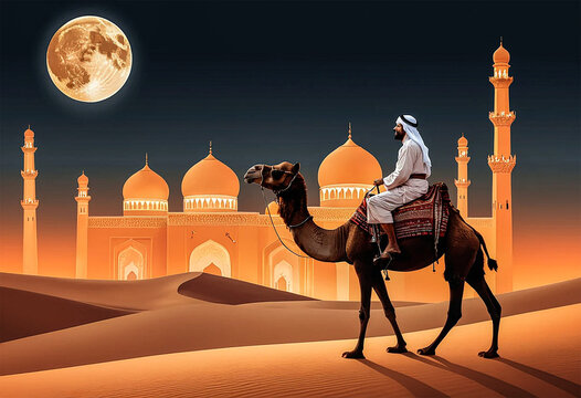 Sunset Arabic Desert Camel Caravan Muslim Islamic Culture Illustration