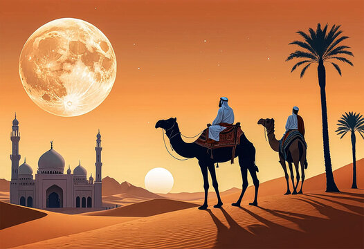 Sunset Arabic Desert Camel Caravan Muslim Islamic Culture Illustration