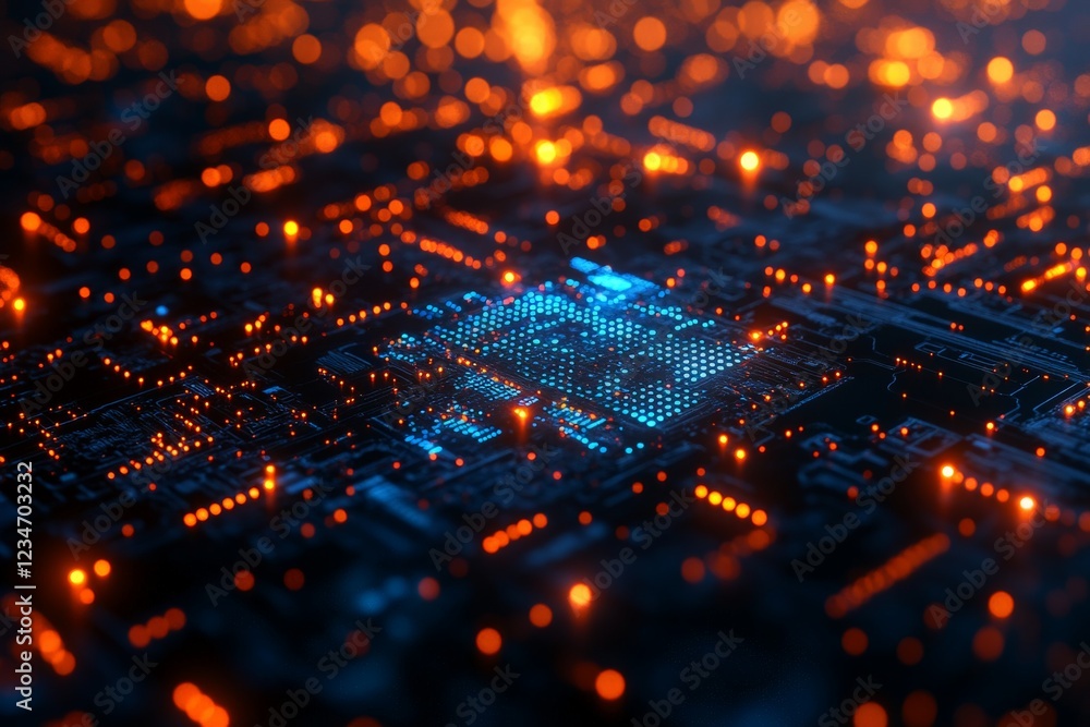 Poster Illuminated microchip on a circuit board at night with glowing technology elements