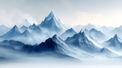 Fototapeta premium Serene mountains rise through the mist at dawn, softly illuminating the tranquil landscape