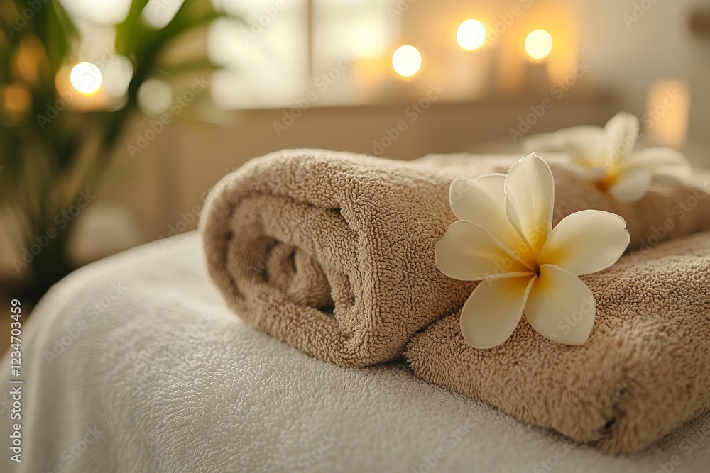 Poster luxurious towels and tropical flowers create a calming spa atmosphere for relaxation and rejuvenatio