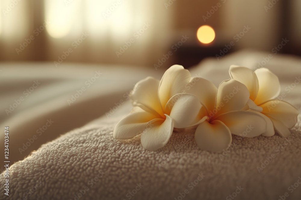 Poster relaxation space featuring soft towels and delicate flowers in a serene spa environment