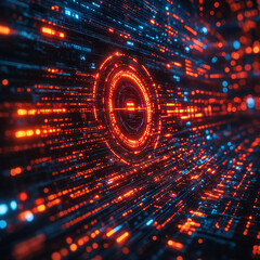 A cyber threat alert on a computer screen, surrounded by abstract digital effects symbolizing hacking attempts. Bright lighting, contrast