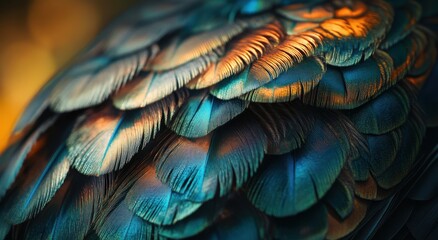 Fototapeta premium A close-up of iridescent bird feathers, showcasing vibrant blues and greens with intricate textures and patterns.