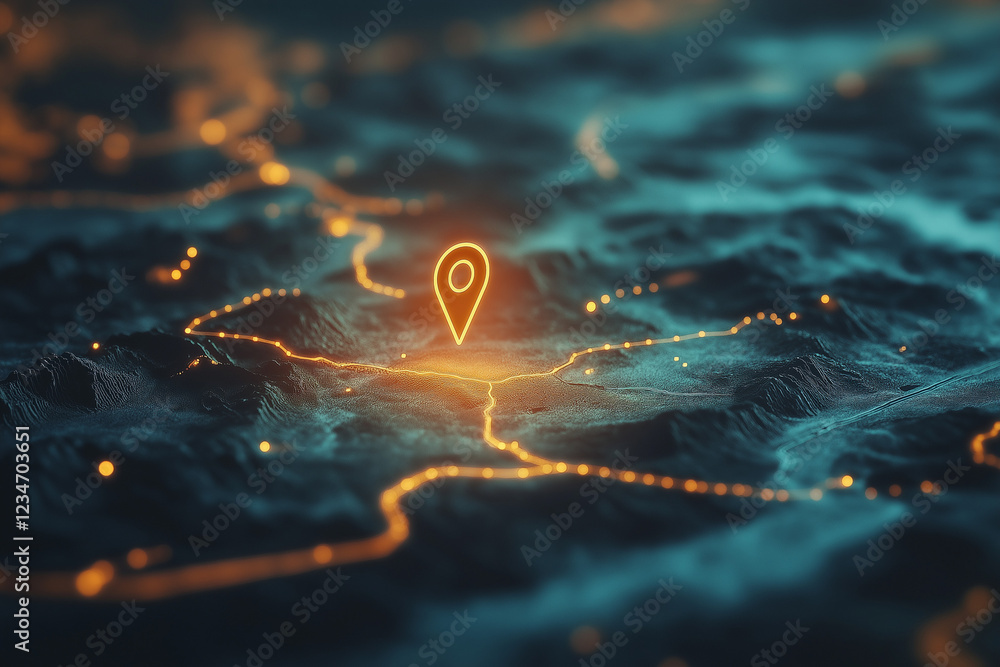 Poster find your way. location marking with a pin on a map with routes. adventure, discovery, navigation, c