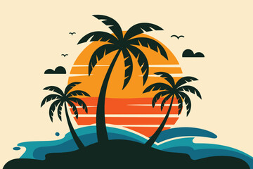 Tropical island illustration with hand drawn elements. Peaceful sunset, palm trees, and ocean waves. 