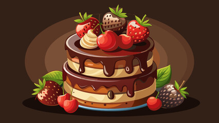 Chocolate cake with with berries, strawberries and cherries. cake on a dark brown background. copy space