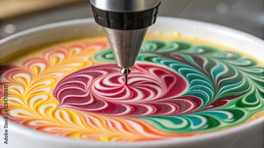 Poster food printing machine creating colorful patterns on a liquid surface, showcasing the innovative tech