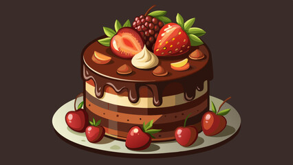 Chocolate cake with with berries, strawberries and cherries. cake on a dark brown background. copy space