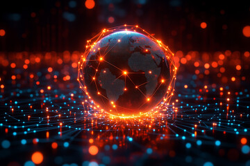 A holographic projection of a globe with interconnected lines, symbolizing global digital connectivity. Bright lighting, contrast